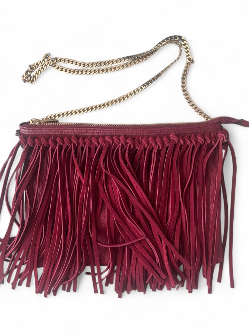 H&M Fringe Crossbody Bag in Burgundy with Gold Chain